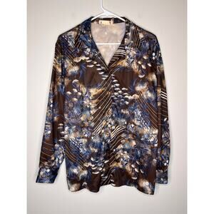 1970s Carol Henry Blue Chocolate Brown Floral Stripe Open Collar Disco Shirt 2X